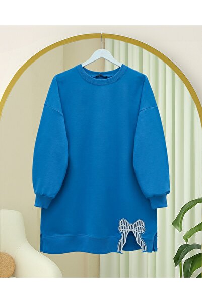 Modamorfo Round Neck Skirt Bow Detailed Loose Combed Cotton Tunic -Blue