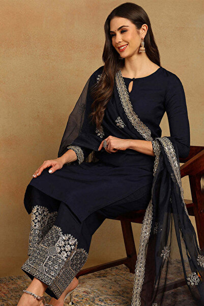 ZERE Navy Blue Silk Blend Solid Embroidered Straight Kurta Set