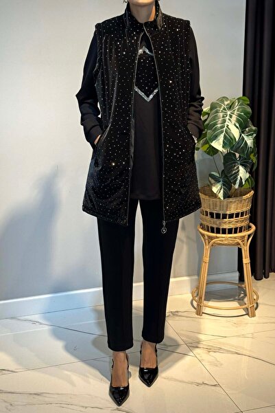 Lale Butik Stone Detail Quilted Vest Set Piece Set 25143 Black