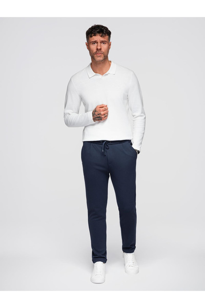 OMBRE Pánské kalhoty z pikéového kepru s nastavitelným pasem - tmavě modré v1 OM-PACP-0283