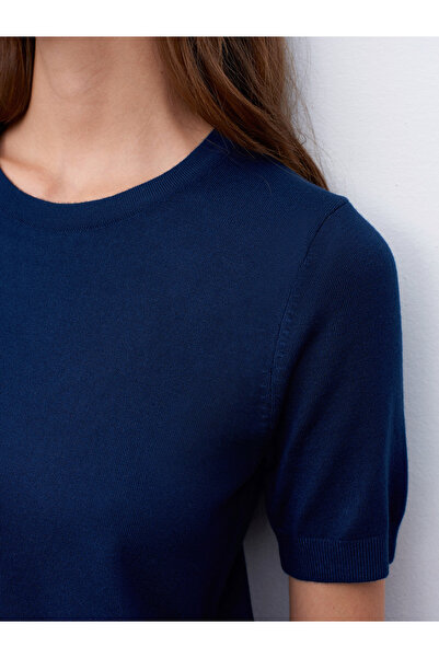 Dilvin 10779 Crew Neck Short Sleeve Knitwear Blouse-Navy Blue