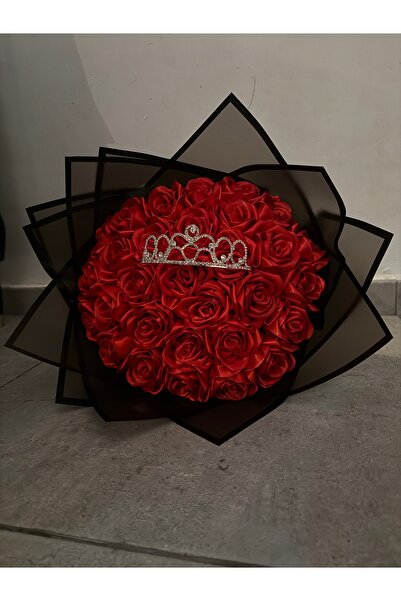 PARSÇİÇEK Gerçek Görünümlü Kırmızı Simli Taçlı Zarif Gül Buketi 30’lu Simli