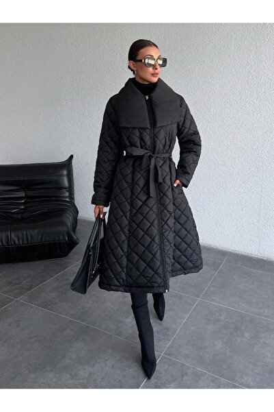BORCKA TEKSTİL Siyah Renk Kuşaklı Kapitone Kadın Mont