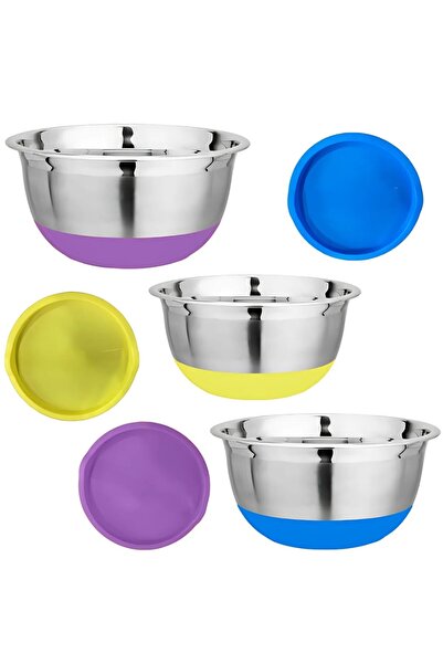 MACVI ® set 3 bowls with lids, non-slip base, stainless steel + plastic, 20-22-24 cm, multicolor.
