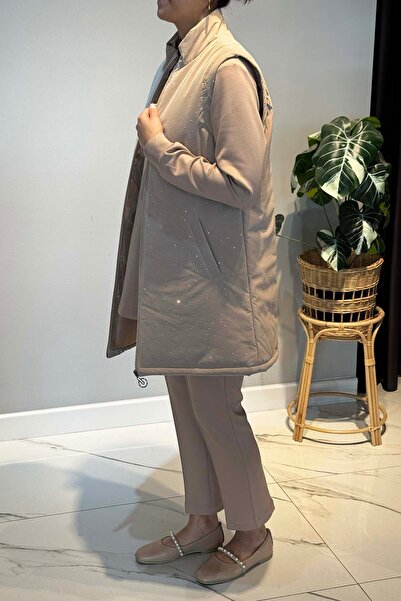 Lale Butik Stone Detail Quilted Vest Set Piece Set 25143 Beige