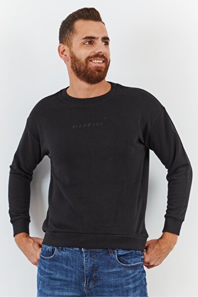 John Richmond Men Sport Fit Crew Neck Embroidered Logo Sweatshirt, Black
