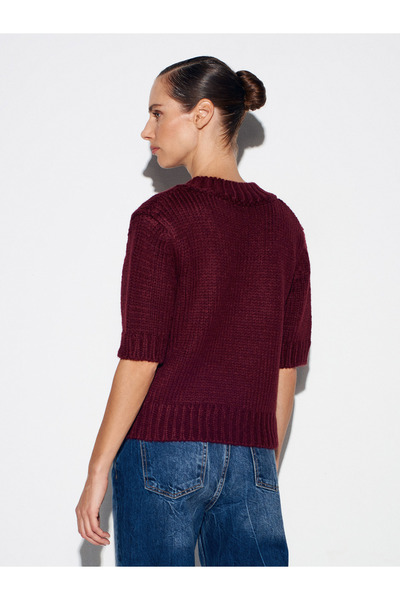 Dilvin 10831 V-Neck Short Sleeve Knitwear Sweater-Burgundy