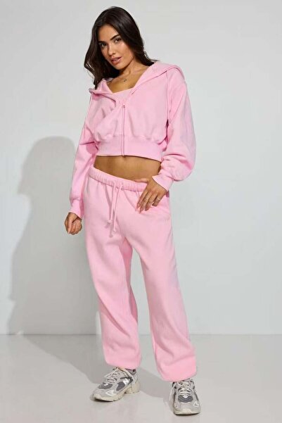 Seeh Pembe Crop Kapşonlu Fermuarlı Kadın Sweatshirt SH299