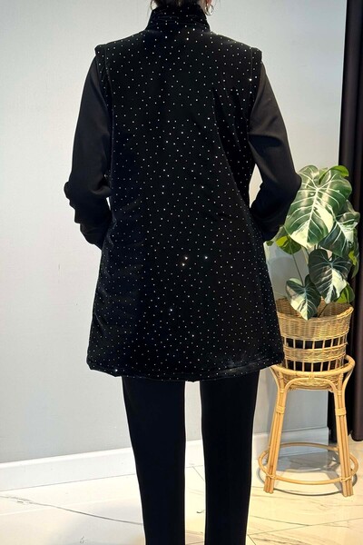 Lale Butik Stone Detail Quilted Vest Set Piece Set 25143 Black