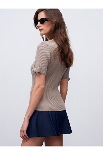 Dilvin 10828 Corded Fabric Short Sleeve Sweater-Mink M.