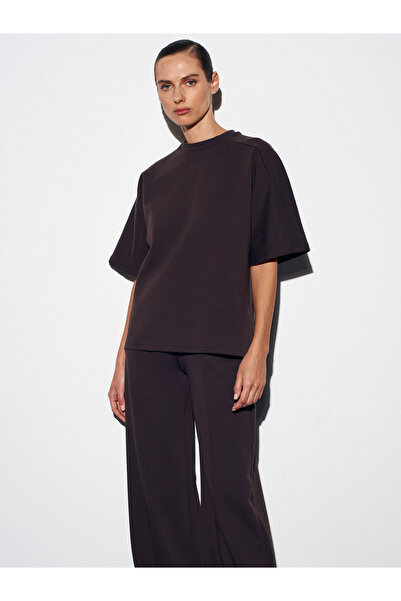 Dilvin 31975 Μπλουζάκι με κοντό μανίκι oversized - Σκούρο καφέ