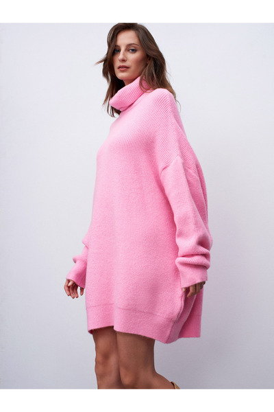 Dilvin 2268 Turtleneck Oversized Sweater-Light Pink