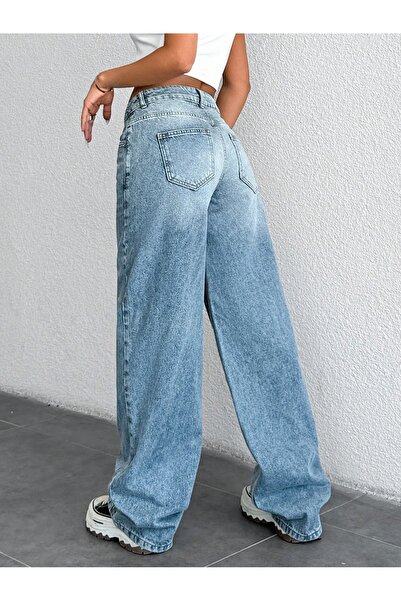 SİNGBADA Kadın Düşük Bel Düz Bol Kesim Kar Yıkamalı Mavi Premium Baggy Kot Pantolon