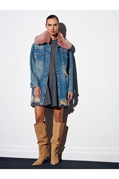 Dilvin 65378 100% Cotton Removable Fur Denim Jacket-Tint