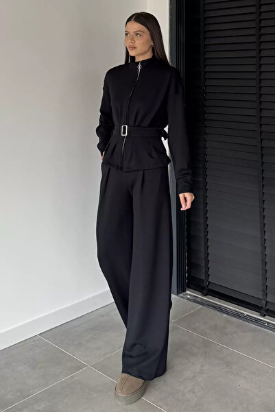 ZehraGül Jachetă neagră de damă cu curea detaliată și pantaloni cu talie elas...