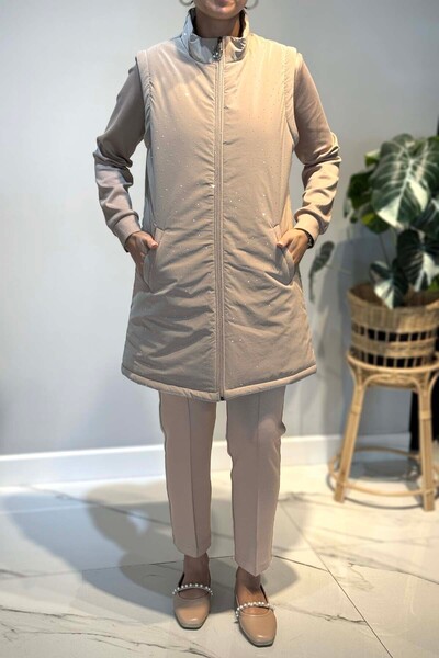 Lale Butik Stone Detail Quilted Vest Set Piece Set 25143 Beige