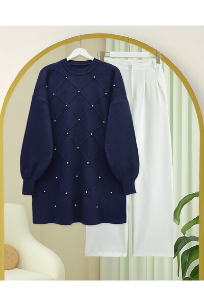 Modamorfo Stone Detailed Square Patterned Knitwear Tunic - Navy