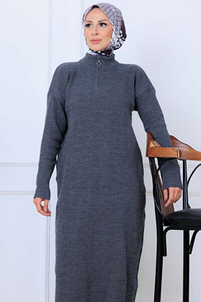 benguen Corded Fabric Knitwear Dress K3005 Anthracite