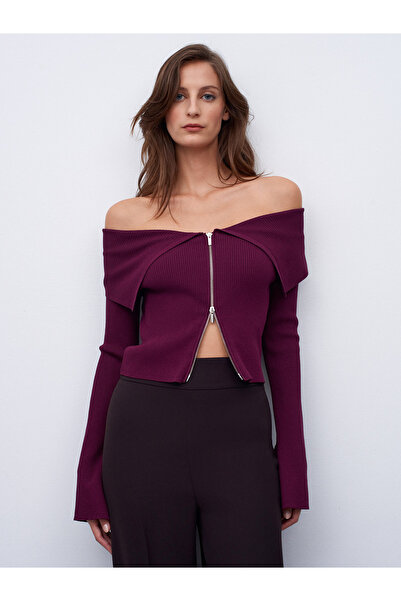 Dilvin 60252 Fermuarlı Fitilli Triko Top-Bordo