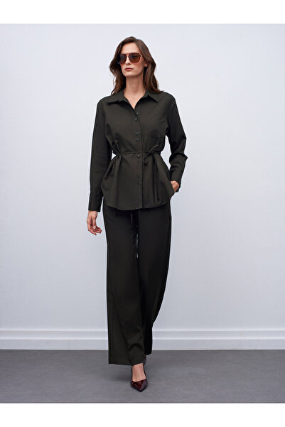 Dilvin 72164 Elastic Waist Suede Trousers-Khaki