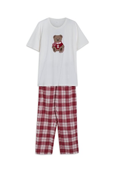 ESOTIQ HOMME Men's Pajama Set Christmas Pattern Teddy Bear & Plaid Trousers 100% Cotton | Chrismis
