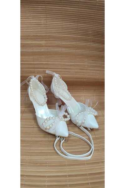 Berush Bride Berushbri̇de Women's Pearl-Beaded Bow-Heeled Bridal Dress Evening Dress Shoes