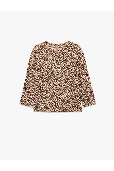 Koton Leopard Patterned Long Sleeve Crew Neck T-Shirt with Pockets