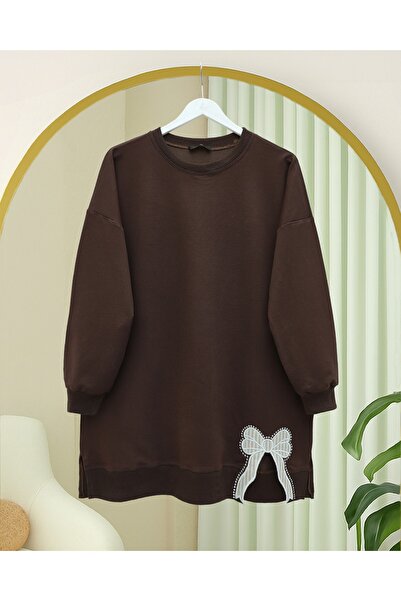 Modamorfo Round Neck Skirt Bow Detail Loose Combed Cotton Tunic - Brown