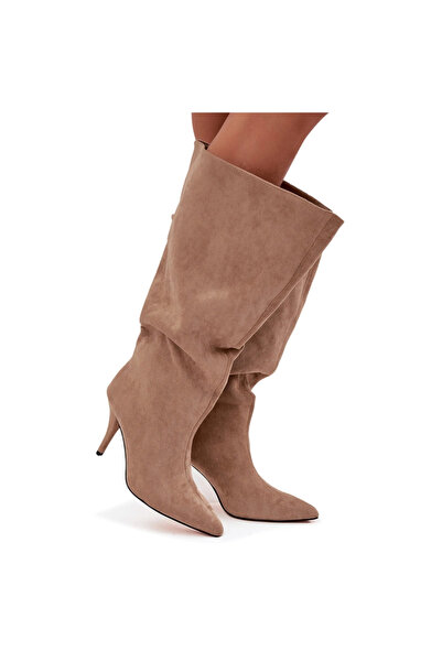 BOTO Botine pentru femei cu toc din -intoarsa bej Noretta 39