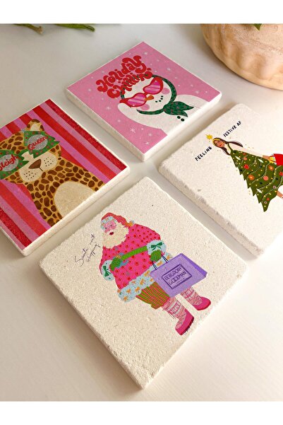 arslart حامل أكواب من الحجر الطبيعي بتصميم شخصيات عيد الميلاد الملونة، هدية ر...