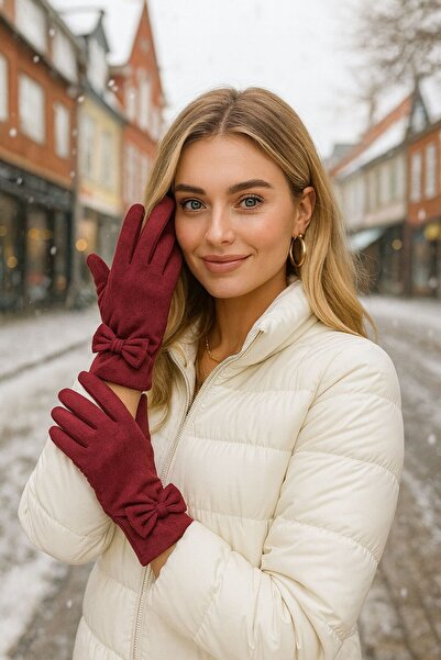 BALIENTE Γυναικεία γάντια από σουέντ με φιόγκο μπορντό