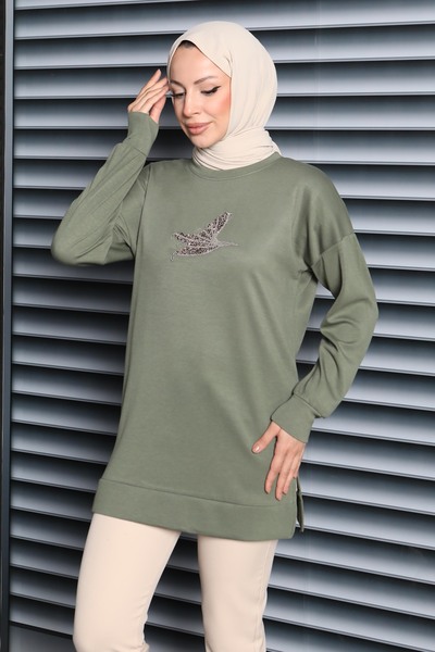 TOFİSA Бродирана туника от модал с птичи мотив, каки - 27874-HAKI