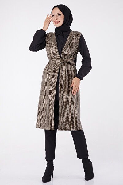 TOFİSA Patterned Belted Vest Mink - 27758-Vizon