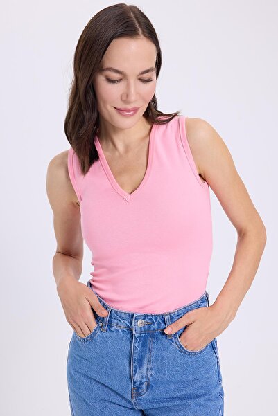 Tudors Women's Slim Fit Slim Fit V-Neck Zero Sleeve Cotton Ribbed Pink Blouse