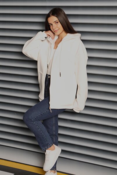 TOFİSA Hanorac cu fermoar cu buzunar cangur cu căptușeală din fleece Three Thread Sweat White - 27802-WHITE