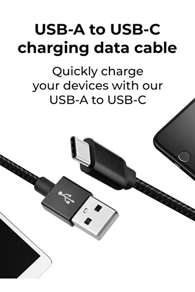 Glassology كابل شحن مضفر أسود بطول 1.2 متر من USB-A إلى USB-C - متين وسريع