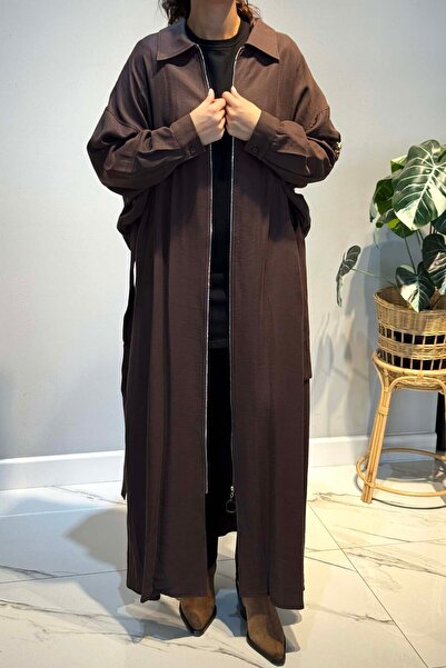 Ceremony Front Zipper Single Sleeve Stone Detail Inner Belted Cap Jacket 6881 Brown