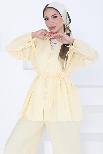 TOFİSA Pleated Double Suit Sari - 27386-Yellow