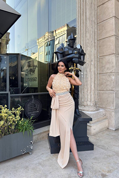 Neşeli Butik γυναικείο βραδινό φόρεμα premium με λεπτομέρεια από τριαντάφυλλο και σχέδιο με πέτρα στη μέση NBNC2527