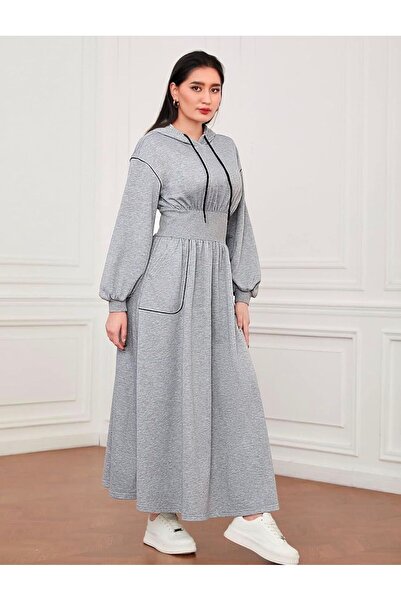 onlymoon Women's Fleece-Lined Gray K Hooded Long Sports Dress – Comfortable Fit, Double Pockets, 100% Cotton Fabric