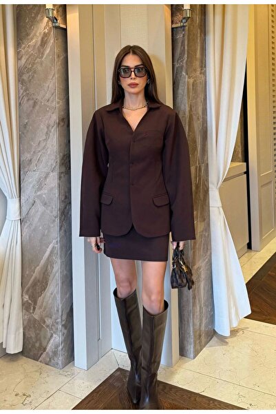 FMN Moda Mini Skirt Pocket Detail Shoulder Pad Balloon Sleeves V-Neck Stitching Button Open Design Equivalent Premium Jacket Suit