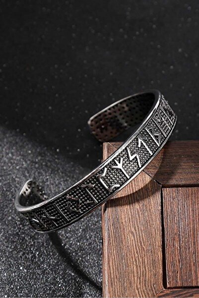 TAKIŞTIR Silver Color Viking Script Steel Handcuff Bracelet