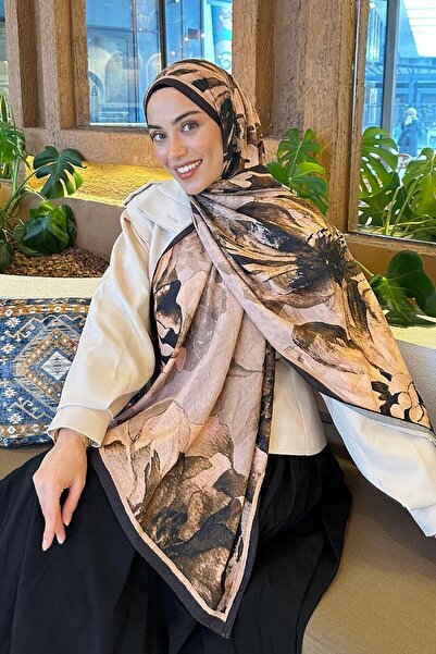 lamelif Floral Desen Bambu Şal Camel