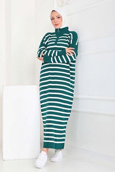 TOFİSA Zippered Striped Knit Dress Emerald - 27931-EMERALD