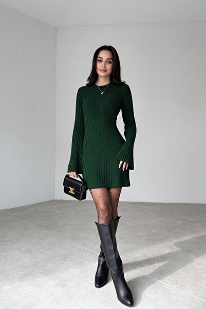 Cloudy Kids Kadın Mini Fitilli Kışlık Zümrüt Yeşili Triko Kazak Elbise