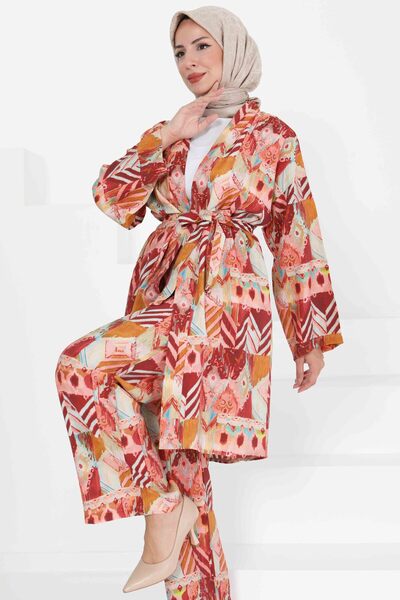 TOFİSA Patterned Kimono Double Set Claret Red - 27436-Bordo