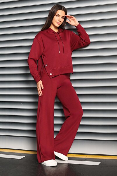 TOFİSA Modal διπλό κοστούμι με λεπτομέρεια με κουμπώματα μπορντό - 27878-BORDO