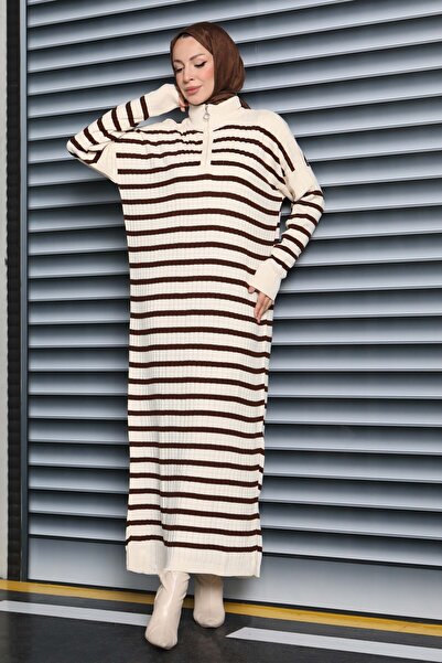 TOFİSA Zippered Striped Knitwear Dress Cream - 27931-Cream