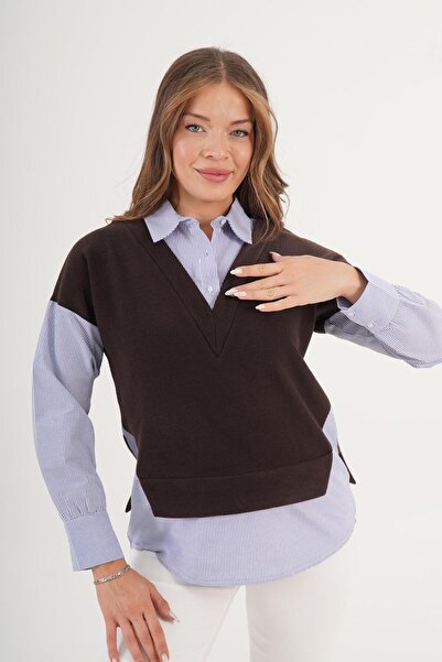 Hipo Trend Paneled Brown Sweater with Shirt Inside
