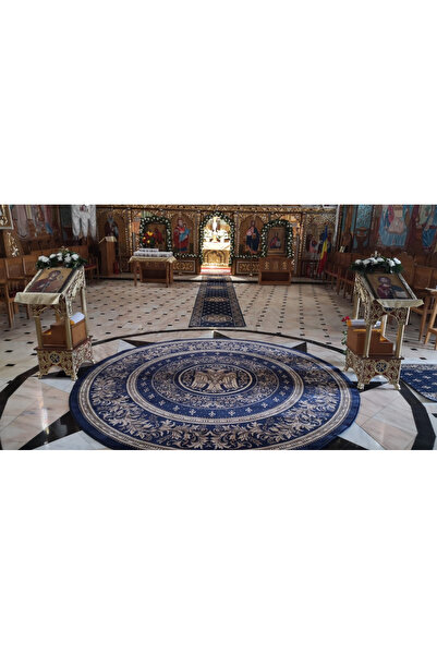 Lotos Round Carpet Church Pattern 15032-810, Double-Headed Eagle Print, Blue, 8 mm Thread